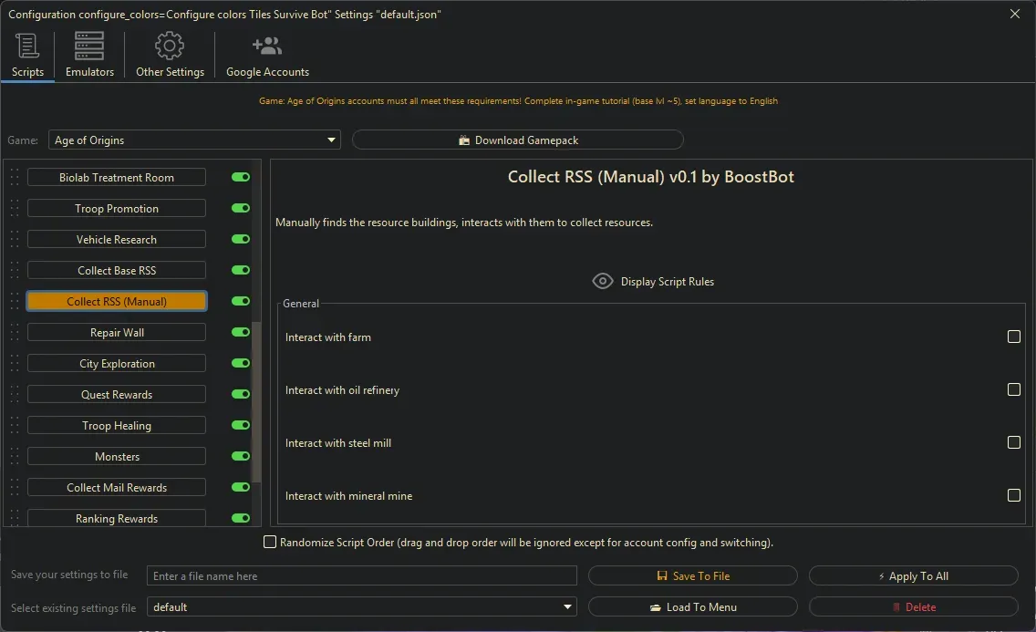 Age of Origins Bot - Collect RSS (Manual)