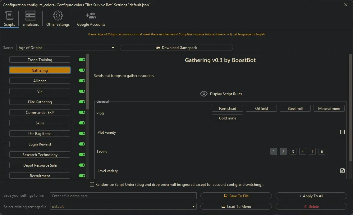 Age of Origins Bot - Gathering