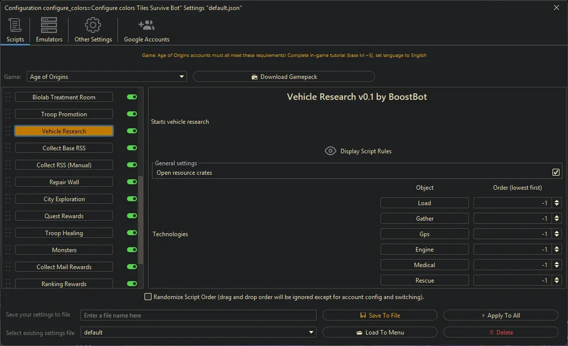 Age of Origins Bot - Vehicle Research