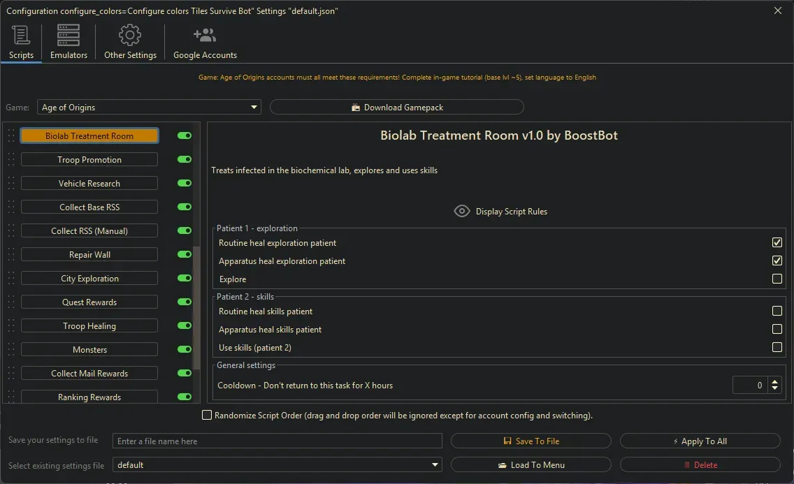 Age of Origins Bot - Biolab Treatment Room