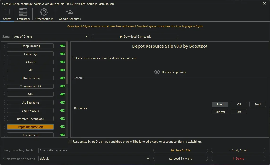 Age of Origins Bot - Depot Resource Sale