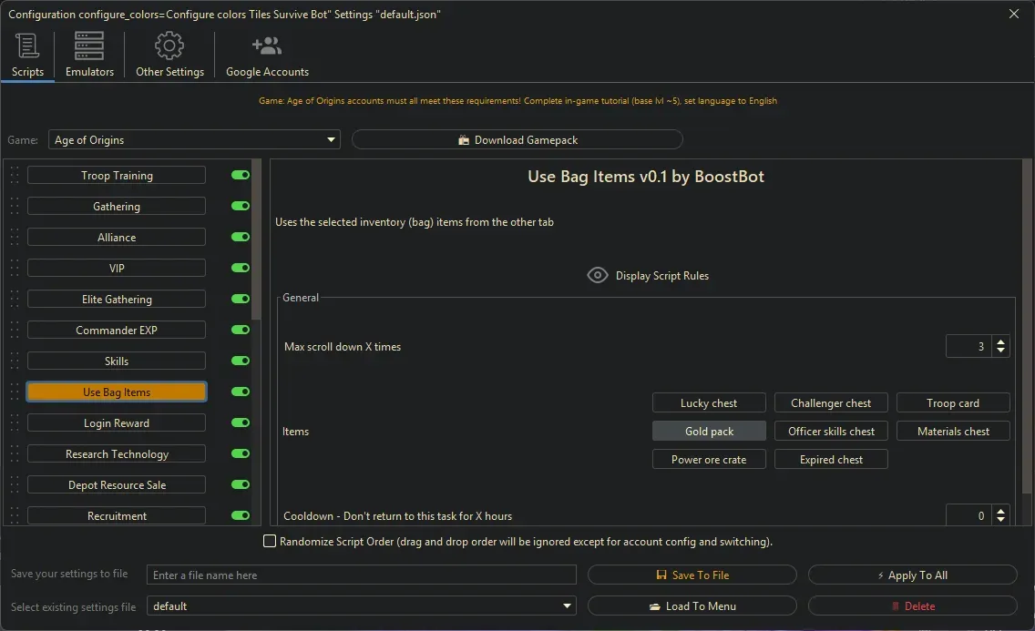 Age of Origins Bot - Use Bag Items