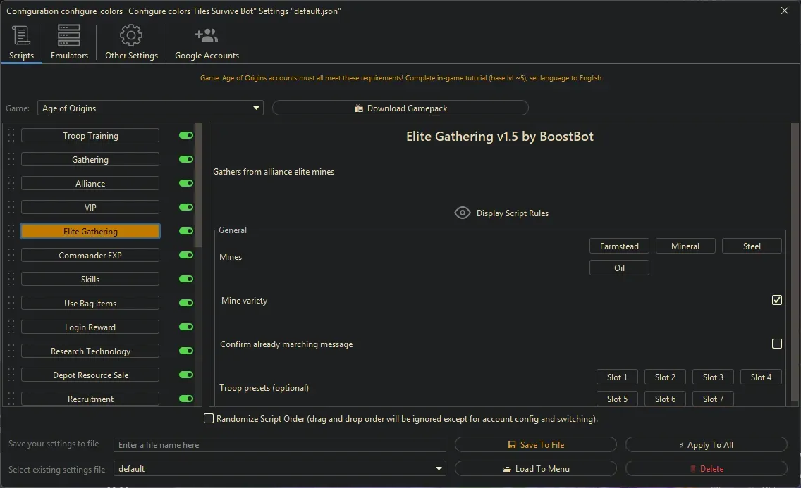 Age of Origins Bot - Elite Gathering