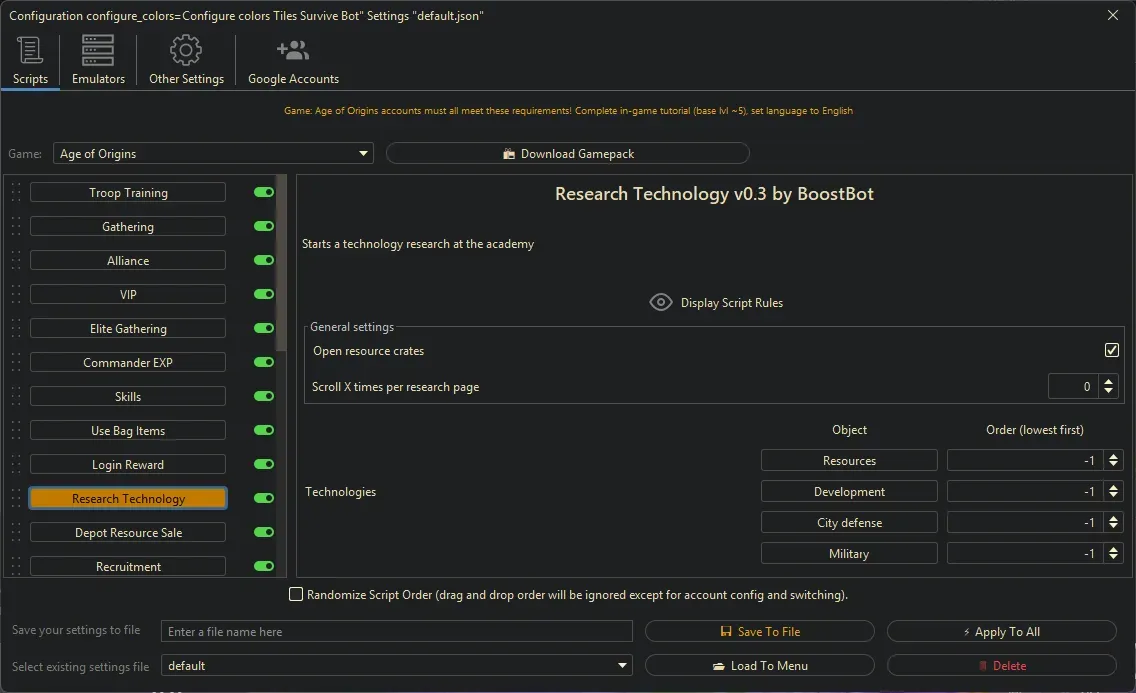 Age of Origins Bot - Research Technology