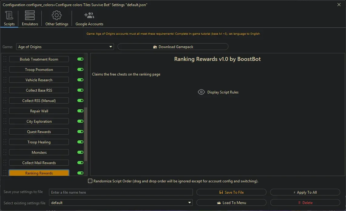 Age of Origins Bot - Ranking Rewards