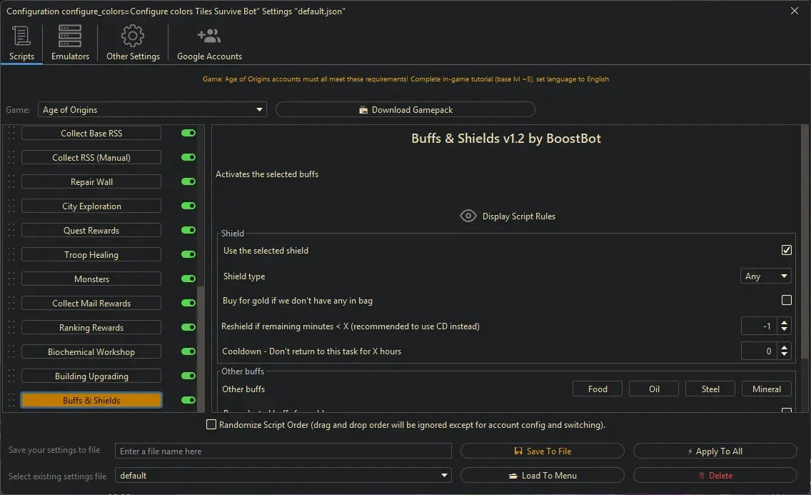 Age of Origins Bot - Buffs & Shields