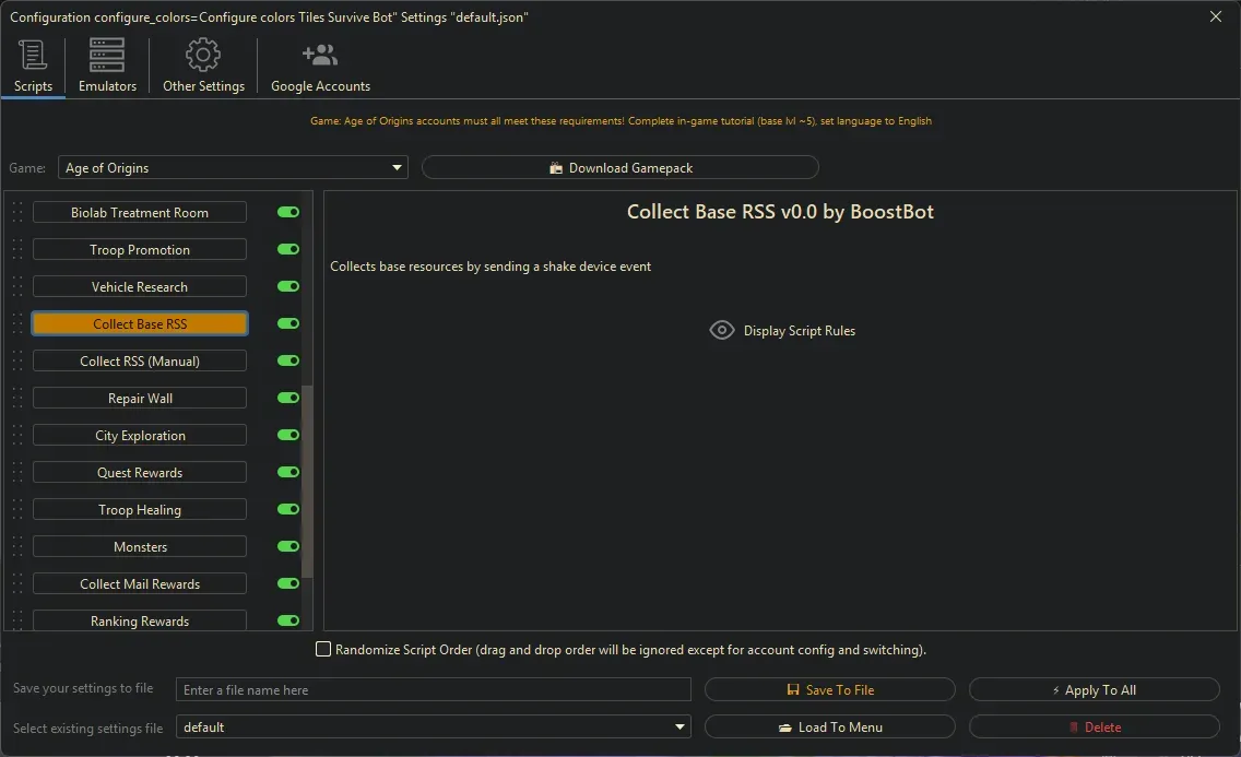 Age of Origins Bot - Collect Base RSS
