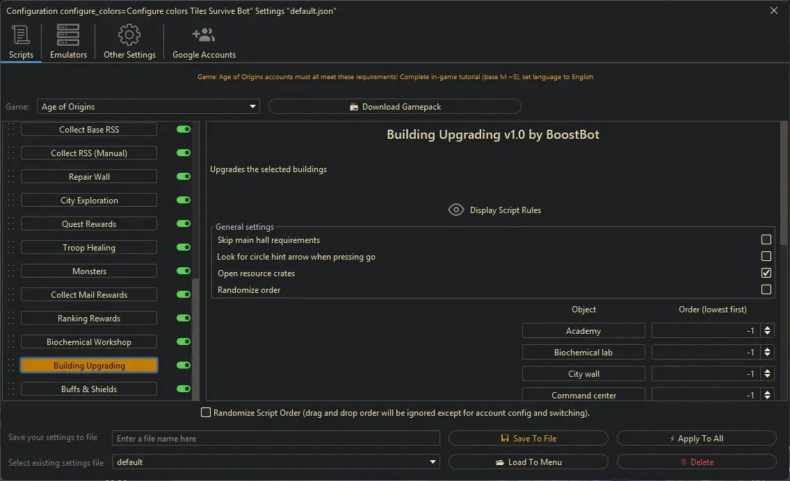 Age of Origins Bot - Building Upgrading