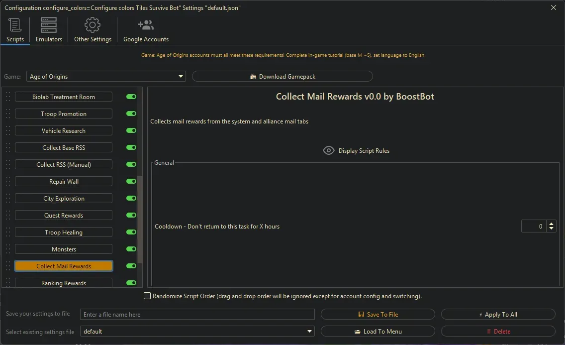 Age of Origins Bot - Collect Mail Rewards